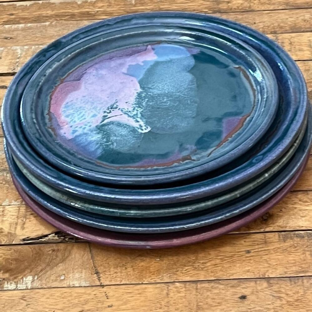 5 Studio Art Pottery Signed LISA Dinner Plate Muted Reactive Glaze 4 11" 1 9"